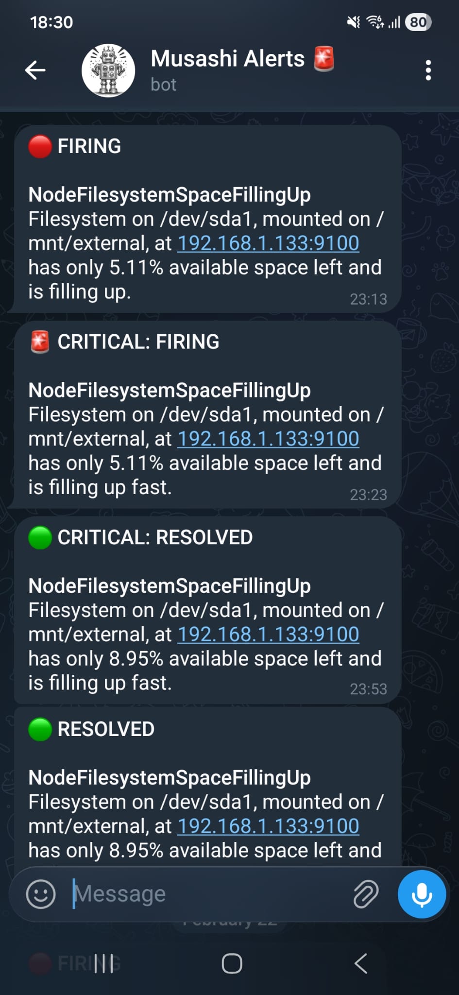 AlertManager notification via Telegram bot — critical alert example