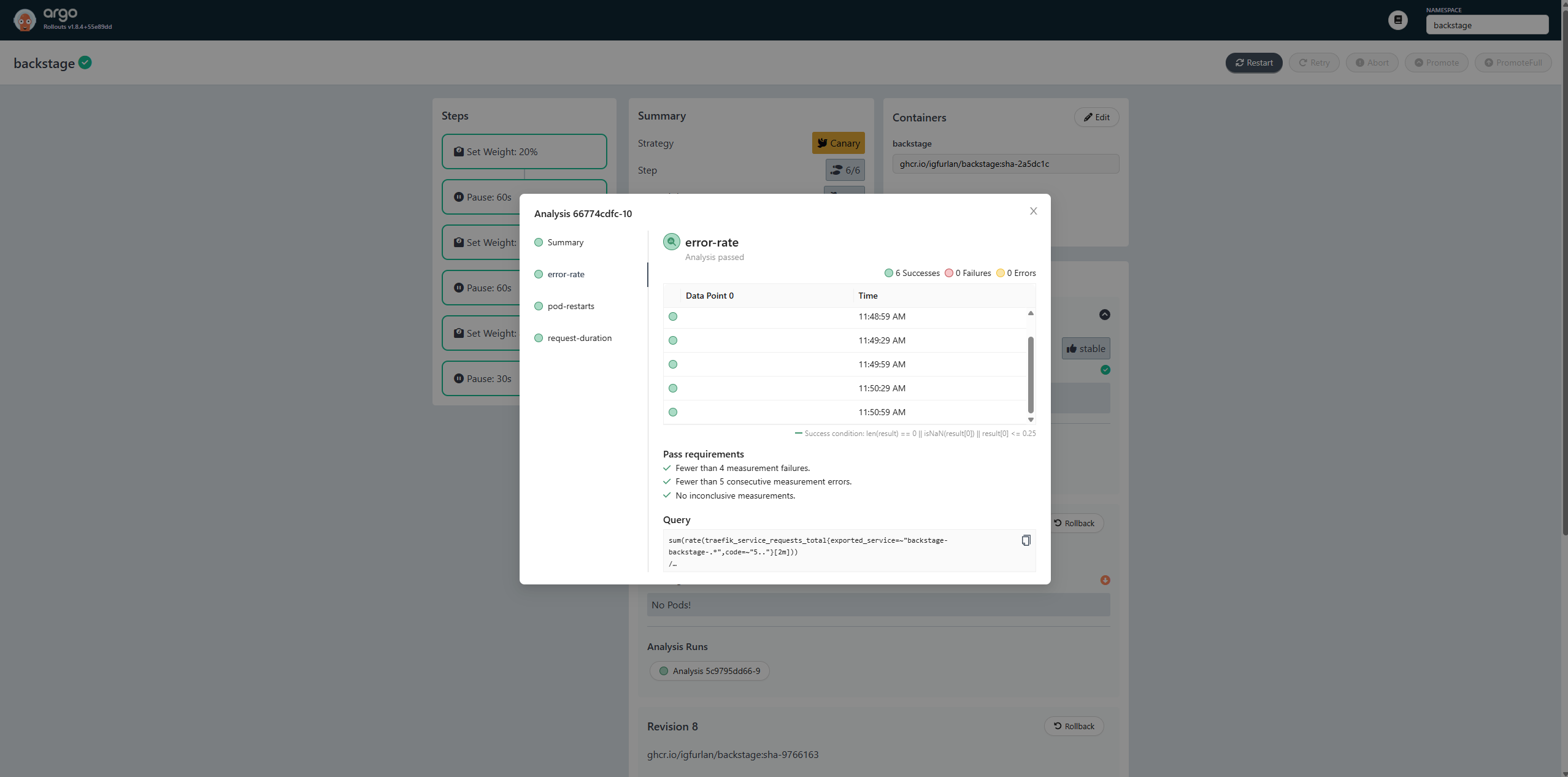 Argo Rollouts UI showing active AnalysisRun with Prometheus metric evaluation during canary