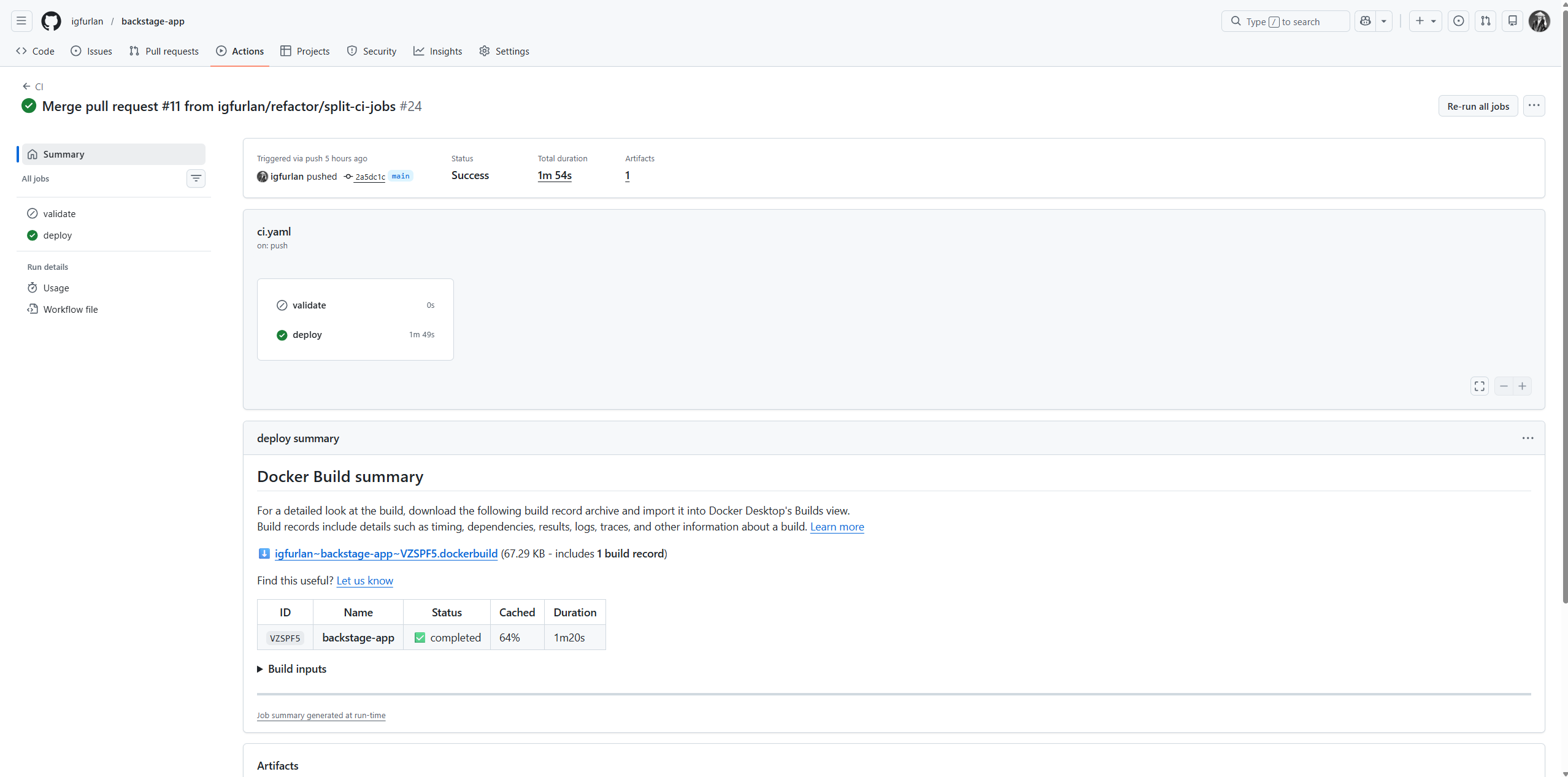 GitHub Actions CI run after merge to main — all steps passing: build, push to GHCR, gitops update