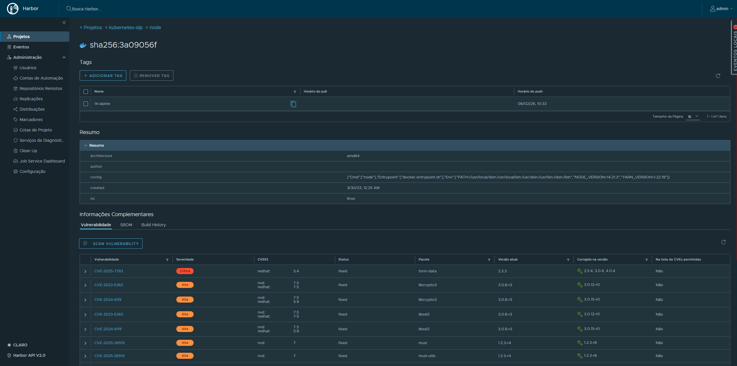 Harbor Trivy scan detail — CVE list and severity breakdown for a scanned image tag