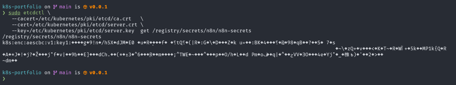 etcdctl output confirming secrets are stored with the k8s:enc:aescbc:v1: prefix — encryption at rest verified