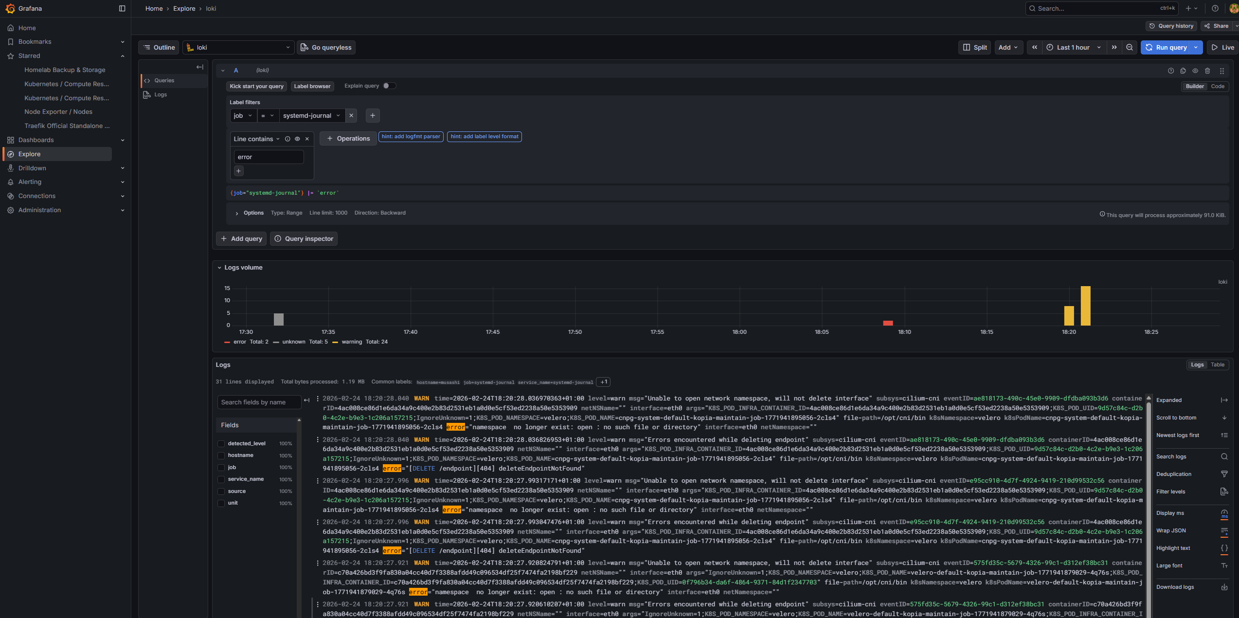 Grafana Explore — Loki log stream showing systemd journal errors from host services