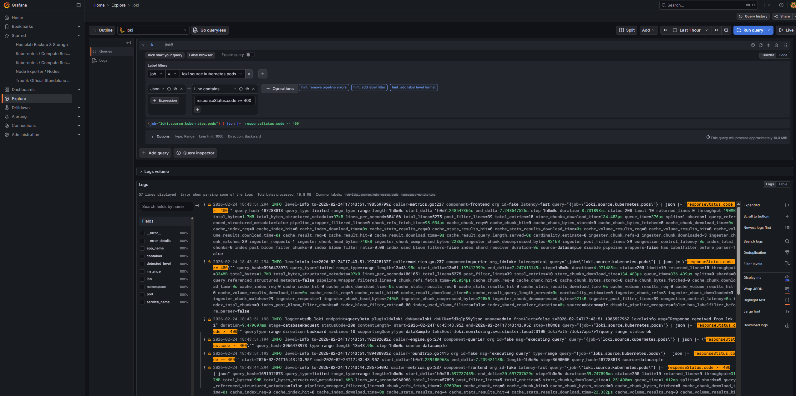 Grafana Explore — Loki log stream showing Kubernetes HTTP errors by namespace