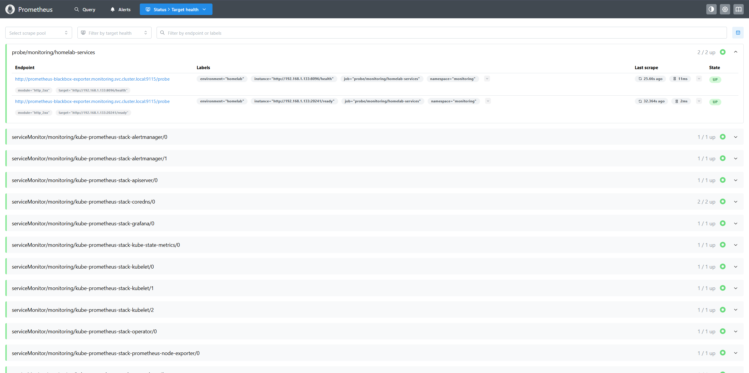 Prometheus targets page showing all scrape targets as UP