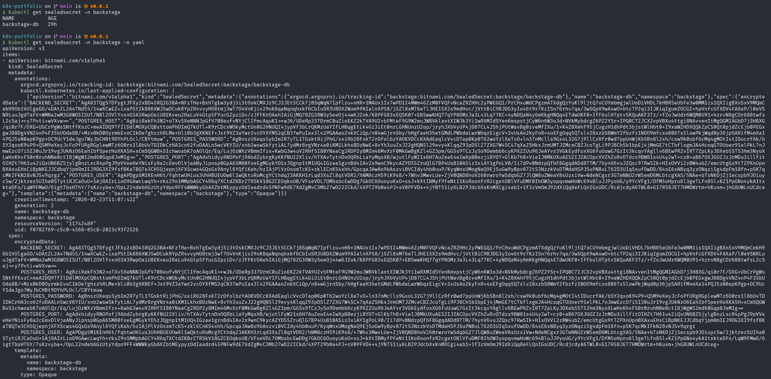 SealedSecret resource — backstage-db sealed secret as seen in the cluster