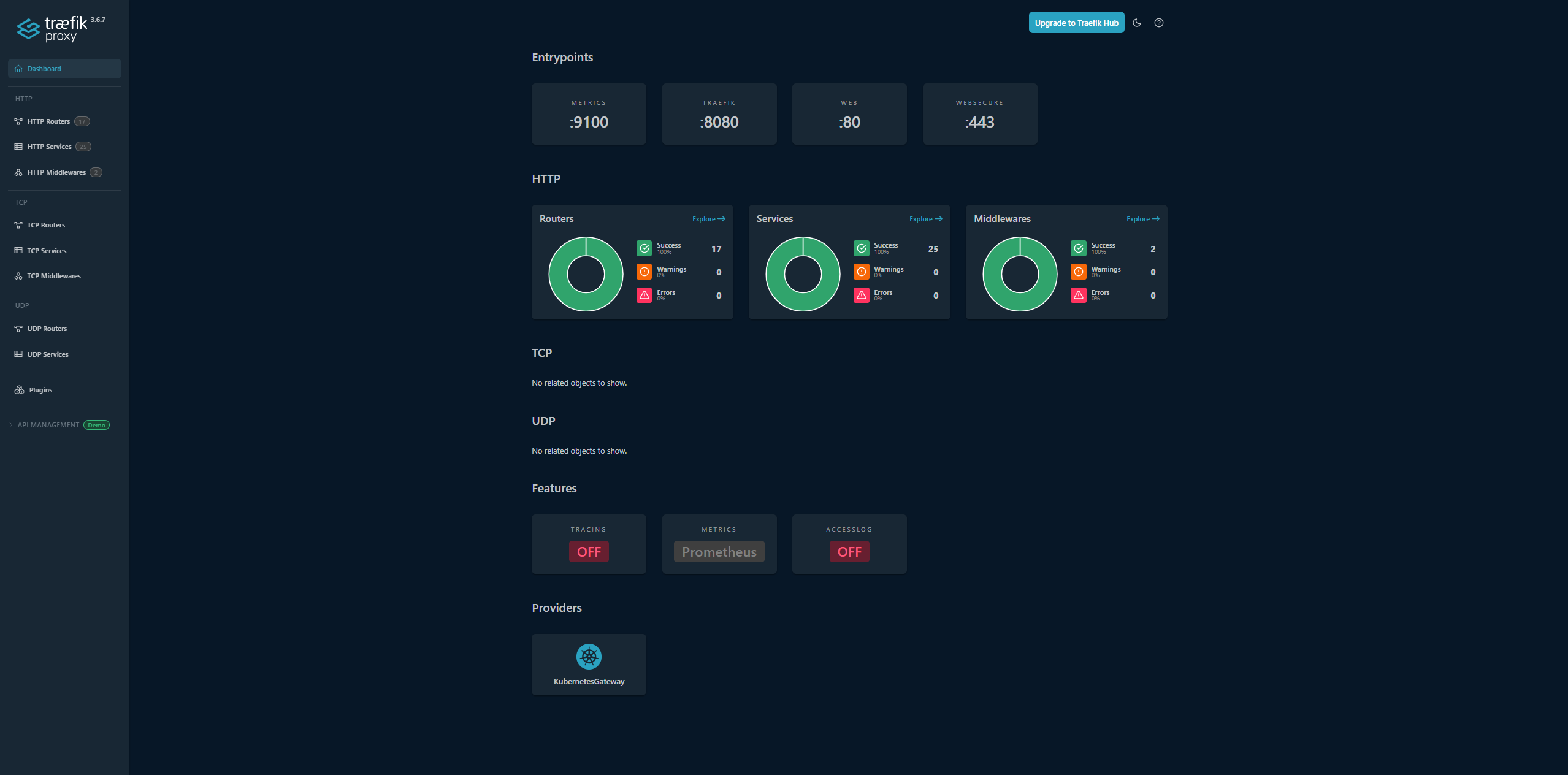 Traefik dashboard showing active routes and services